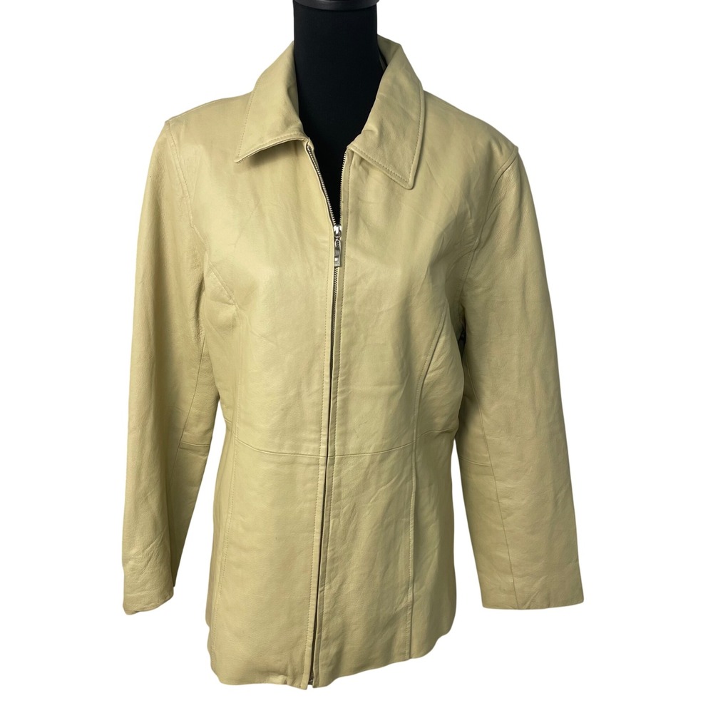 Michael Michelle Womens Beige Leather Jacket Zip‎ Front Collared Style sz L